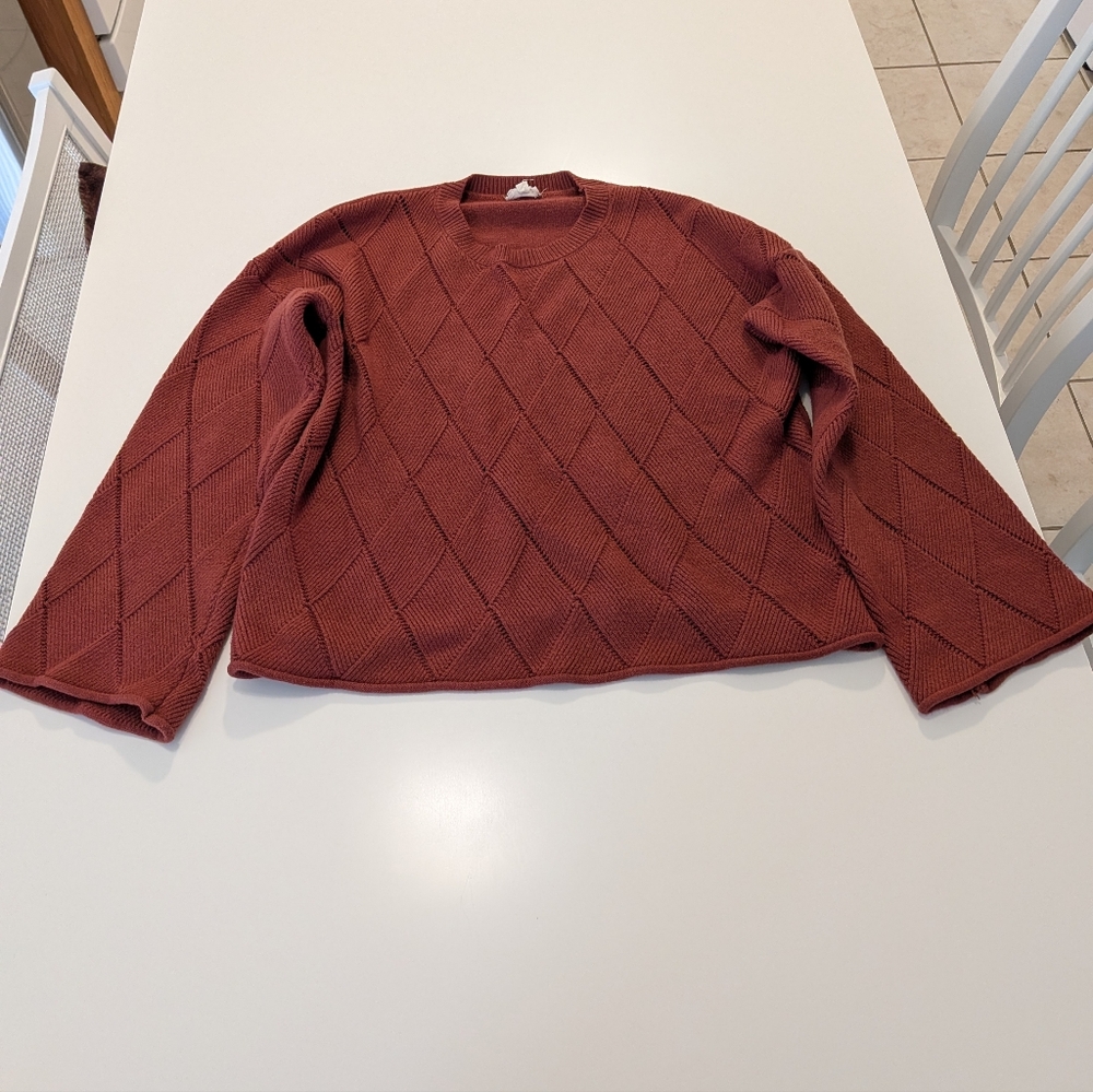 Hem & Thread Rust‎ Brown Diamond Pointelle Knit Sweater Crew Neck Large